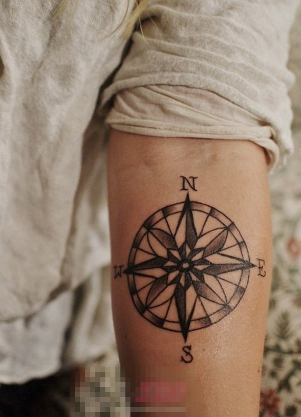 男生手臂上黑色素描点刺技巧创意指南针纹身图片