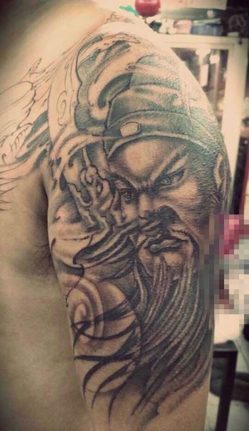 勇猛威武的黑色点刺抽象线条人物肖像关公纹身图案