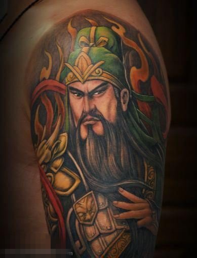 勇猛威武的黑色点刺抽象线条人物肖像关公纹身图案