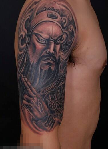 勇猛威武的黑色点刺抽象线条人物肖像关公纹身图案