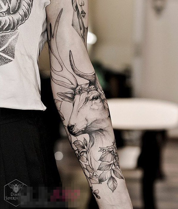 女生手臂上黑灰点刺植物和小动物麋鹿纹身图片