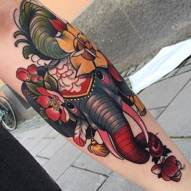 多款创意个性的唯美花纹民族风味动物大象纹身图案