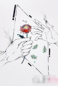 黑色线条几何元素彩绘玫瑰纹身手稿