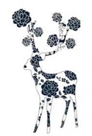 花哨的黑色植物素材花朵和麋鹿纹身手稿