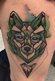 女生腿上水彩点刺技巧几何线条狼与风景纹身图片
