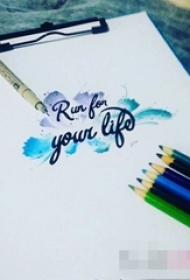 黑色线条花体英文水彩泼墨纹身手稿