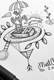 黑色线条素描创意天空城纹身手稿