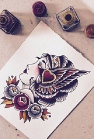 彩绘水彩创意印第安风格女生人像纹身手稿