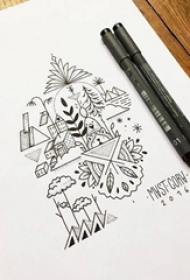 黑色线条素描创意个性天空城纹身手稿