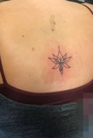 女生后背上黑色简约线条莲花纹身图片