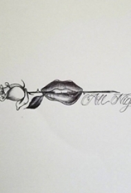 个性的黑色英文短句和嘴唇咬玫瑰纹身手稿