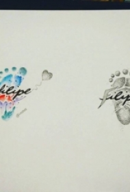 彩绘水彩描绘脚丫图案黑色线条花体英文纹身手稿