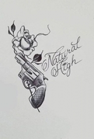 个性的黑色几何线条英文单词花朵和手枪纹身手稿