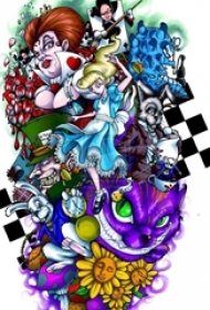 童趣的彩绘线条花朵和卡通人物爱丽丝梦游仙境纹身手稿