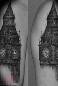 男生手臂上黑灰色素描技巧钟塔纹身图片