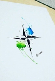 黑色线条几何元素十字架蓝绿水彩泼墨纹身手稿