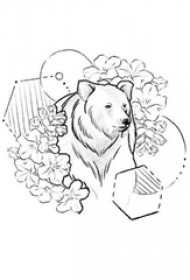 可爱的黑色简单线条花朵和熊纹身手稿