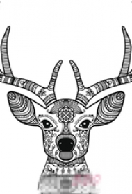 黑色线条素描创意花纹可爱麋鹿头纹身手稿