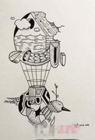黑色线条素描文艺小清新天空之城纹身手稿