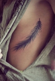 女生胸下黑色线条素描创意羽毛纹身图片
