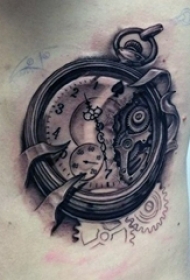 男生侧腰上黑色素描点刺技巧创意齿轮钟表纹身图片
