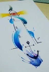 黑色线条灯塔水彩泼墨船锚纹身手稿