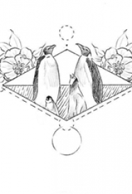 黑色线条创意唯美企鹅一家和花朵纹身手稿