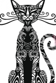 个性的黑色抽象线条小动物猫咪纹身手稿