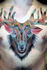 男生胸口上彩绘水彩创意麋鹿头纹身图片