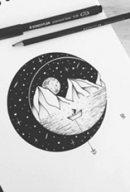 创意十足的黑色几何线条山水风景纹身手稿