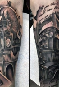 男生手臂上黑灰点刺立体几何雄伟建筑纹身图片