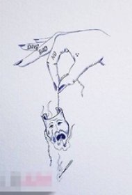 简单线条勾勒的手部英文单词和面具纹身手稿