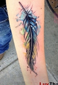 女生手臂上黑色素描羽毛七彩泼墨纹身图片