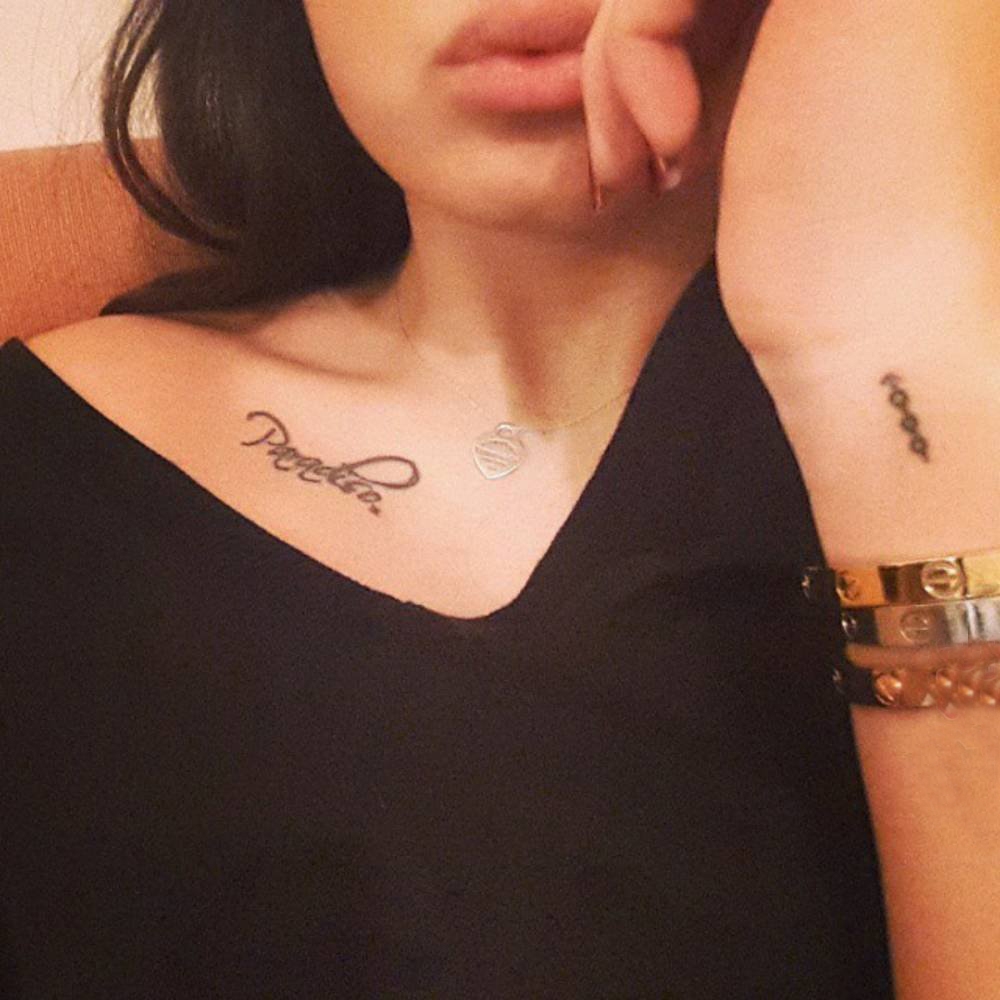 女生锁骨下黑色线条文艺小清新花体英文纹身图案