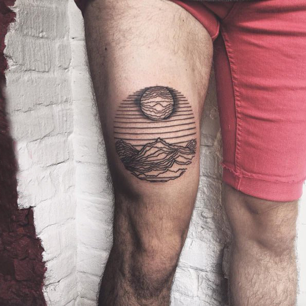 巍峨的个性点刺技巧抽象线条山脉风景纹身图案