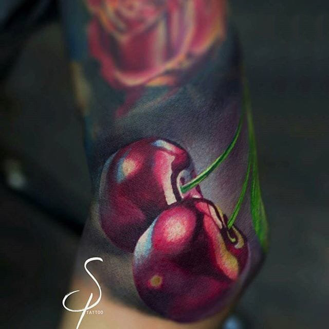 酸甜可口的彩绘几何简单线条水果樱桃纹身图案