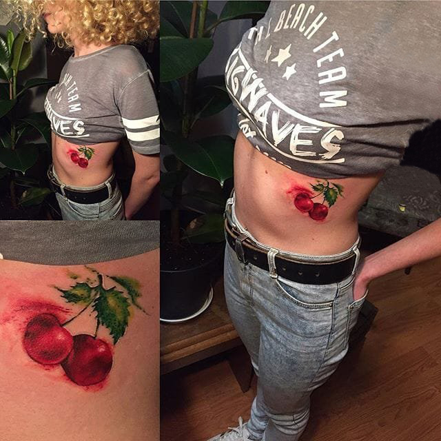 酸甜可口的彩绘几何简单线条水果樱桃纹身图案