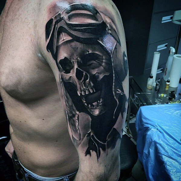 男生手臂上黑灰素描点刺技巧创意骷髅纹身图片