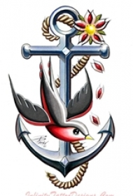 彩绘水彩素描创意海军风船锚可爱小鸟纹身手稿