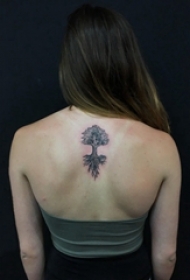 女生后背上黑色点刺植物素材生命树纹身图片