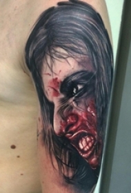男生手臂上彩绘水彩素描创意恐怖人物纹身图片
