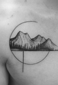 男生胸口黑灰素描点刺技巧创意风景纹身图片