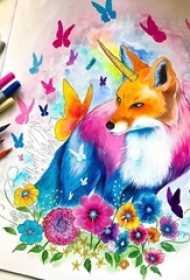 彩绘水彩七彩泼墨创意唯美浪漫可爱狐狸纹身手稿