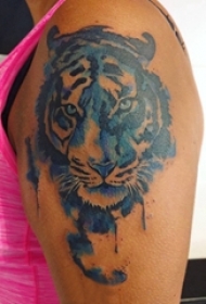 男生手臂上彩绘渐变抽象线条小动物老虎纹身图片