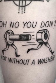 女生大腿上黑灰点刺几何线条英文和螺丝工具纹身图片