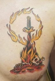 男生胸口上彩绘水彩素描创意匕首纹身图片
