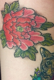 女生小腿上彩绘简单线条植物叶子和花朵纹身图片