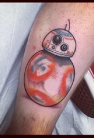 男生小腿上彩绘几何线条创意机器人纹身图片