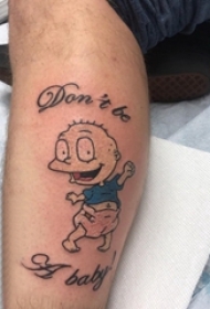 男生小腿上彩绘简单抽象线条英文和卡通人物纹身图片