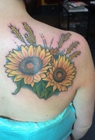 女生背部彩绘水彩素描精美向日葵纹身图片